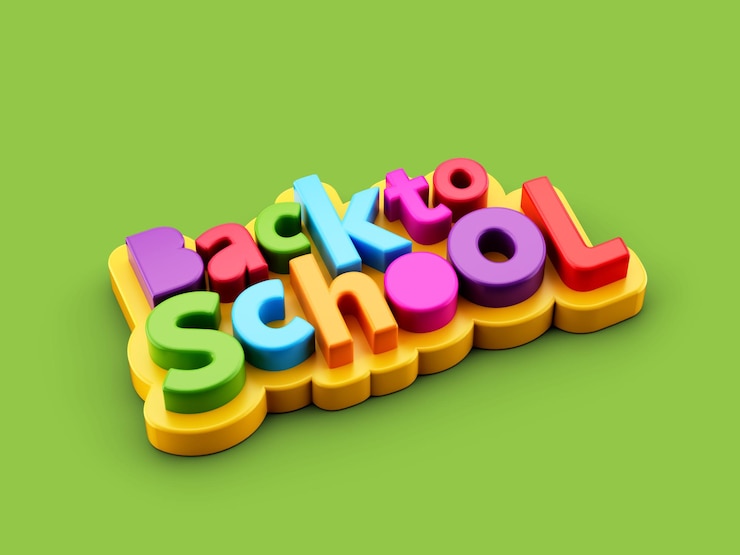 Foto regreso a la escuela sobre fondo verde letras de plástico de colores para niños ilustración 3d