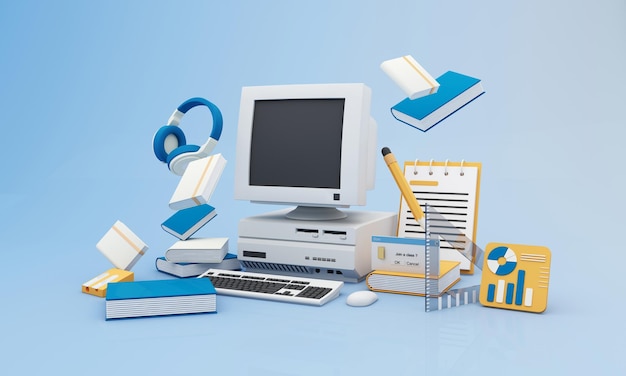 Regreso a la escuela, únase al aprendizaje en línea con útiles escolares y equipo, pantalla de computadora portátil con teléfono y accesorios escolares y libros de texto sobre dibujos animados de fondo amarillo y azul Representación 3D