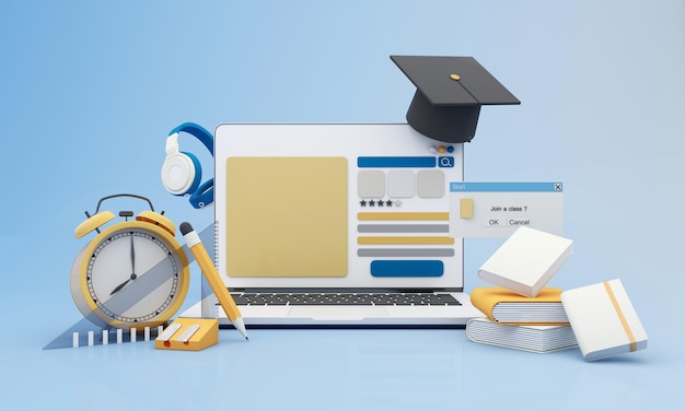 Regreso a la escuela, únase al aprendizaje en línea con útiles escolares y equipo, pantalla de computadora portátil con teléfono y accesorios escolares y libros de texto sobre dibujos animados de fondo amarillo y azul Representación 3D