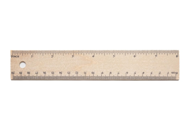 Régua isolada em regra dupla de madeira branca de vinte centímetros e oito polegadas de comprimento