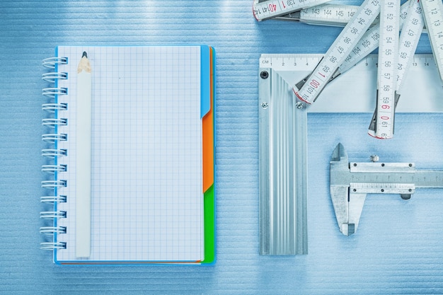 Régua quadrada compasso de calibre vernier bloco de notas lápis fita métrica