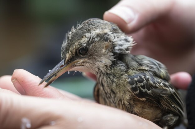 Rehabilitador de vida silvestre alimentando a un pájaro bebé herido con un gotero creado con IA generativa