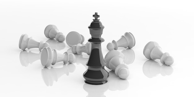 Foto rei de xadrez de renderização 3d e peões em fundo branco