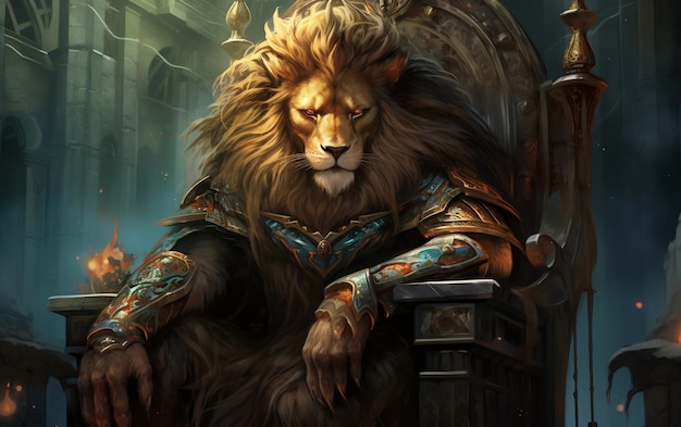 Rei do Trono da Realeza do Leão Vinculado ao Rei em Detalhes IA Gerativa