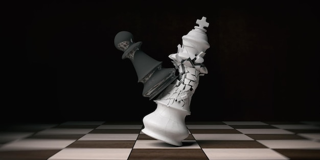 Renderização Em 3D: Ilustração De Peças De Xadrez De Rei. O Xadrez Do Rei  No Centro Com O Xadrez De Peão Na Parte De Trás. Tabuleiro De Xadrez Com  Fundo De Queda