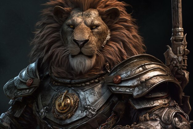 Foto rei leão com armadura completa e arma