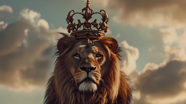 Rei Leão com coroa em céu nublado Ilustrações de IA gerativas