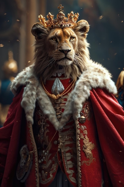 Rei leão entronizado no trono com coroa e vara de poder majestoso e poderoso predador selvagem