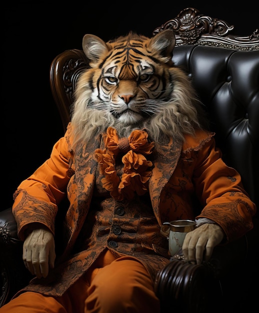 Rei tigre em terno laranja em fundo preto