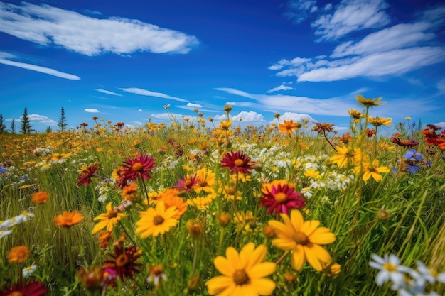 Reiche Prärie voller farbenfroher und lebendiger Blumen unter blauem Himmel generative IA