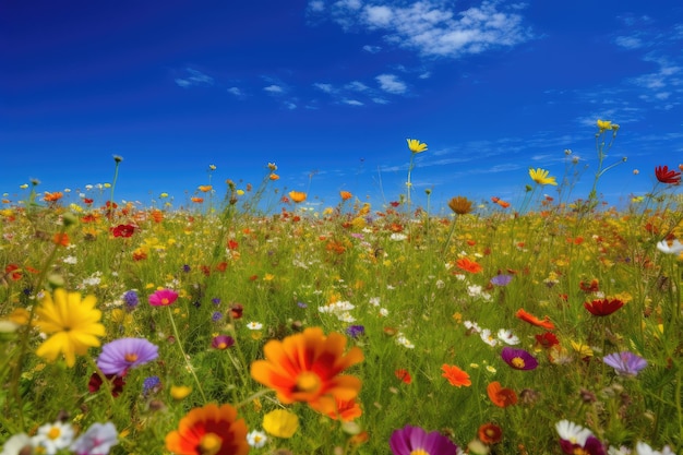 Reiche Prärie voller farbenfroher und lebendiger Blumen unter blauem Himmel generative IA