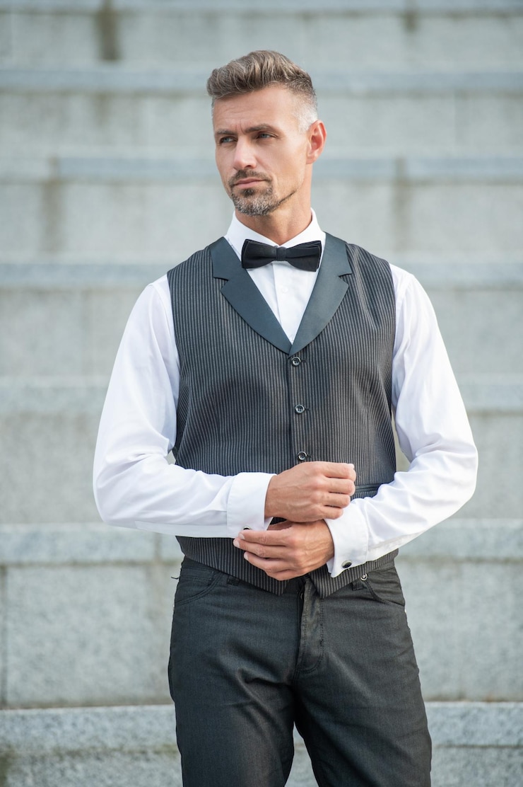 Foto reicher mann mit fliege, grauer mann in formalkleidung, smoking, bräutigam