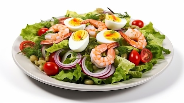 Reicher Teller mit Salat aus grünen Blättern und Gemüse mit Avocado oder Eiern Huhn und Garnelen
