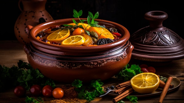 Reichhaltige und exotische marokkanische Tajine, ein traditioneller nordafrikanischer Eintopf Generative KI