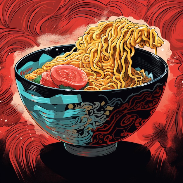 Foto reichhaltige und schmackhafte schüssel mit ramen-nudeln, die mit kräftigen farben illustriert sind