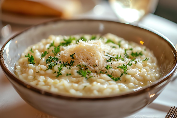 Foto reichhaltiger und cremiger italienischer risotto mit geschmack
