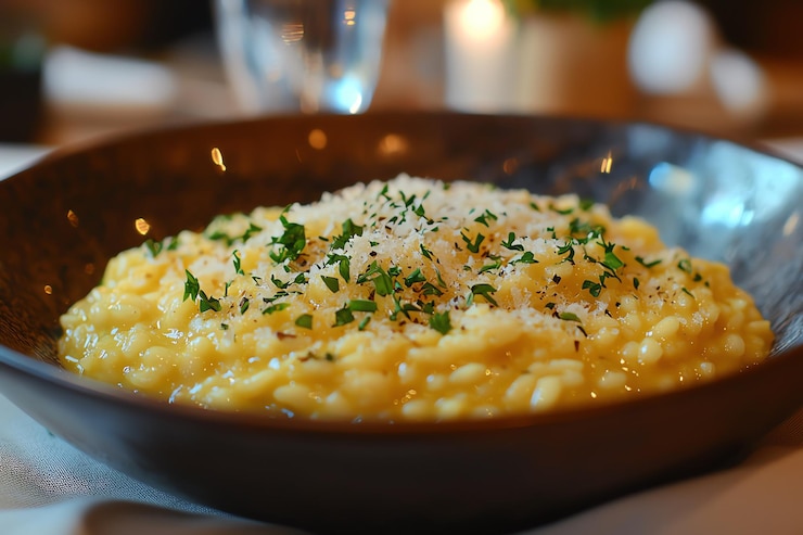 Foto reichhaltiger und cremiger italienischer risotto mit geschmack