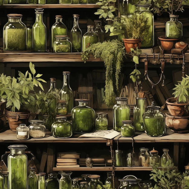 Reichlich grüne Pflanzen und Flaschen schaffen eine rustikale und botanische Atmosphäre