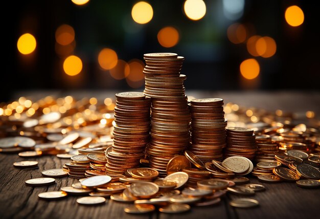 Reichtum und Fülle goldene Münzen auf einem Holztisch im Bokeh-Stil