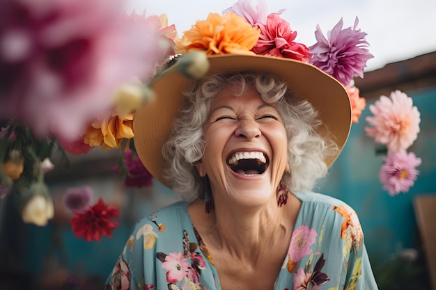 Reife alte Frau lacht hysterisch, nachdem sie ein Blumengeschenk erhalten hat