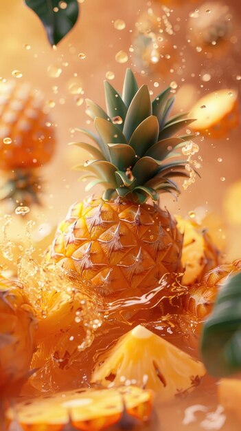 Reife Ananas umgeben von Orangen und Blättern