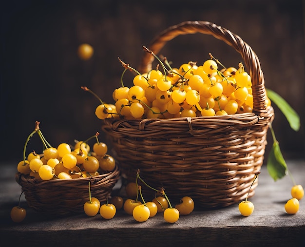 Reife, appetitanregende gelbe Kirschbeeren in einem überfüllten Korb