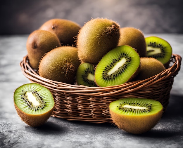 Reife appetitliche Kiwi-Früchte in einem überfüllten Korb