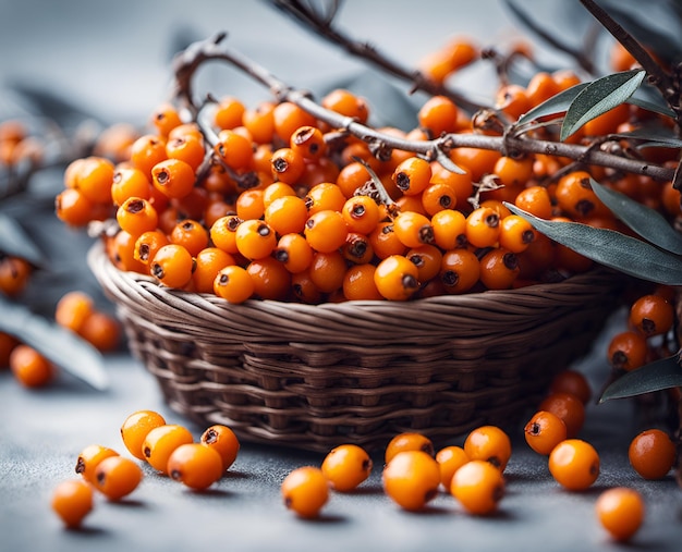 Reife, appetitliche Sanddornbeeren in einem überfüllten Korb