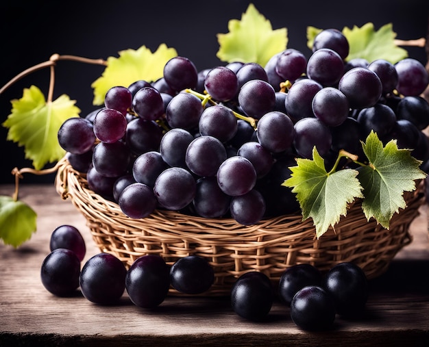 Reife, appetitliche schwarze Traubenbeeren in einem überfüllten Korb