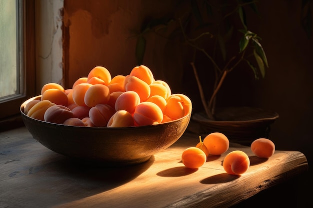 Reife Aprikosen in einer Schüssel auf einem rustikalen Tisch und Fenstergrund Warmes sonniges Hintergrundlicht