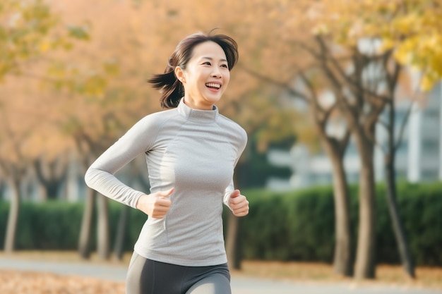 Reife asiatische Frau läuft im Park Generative KI