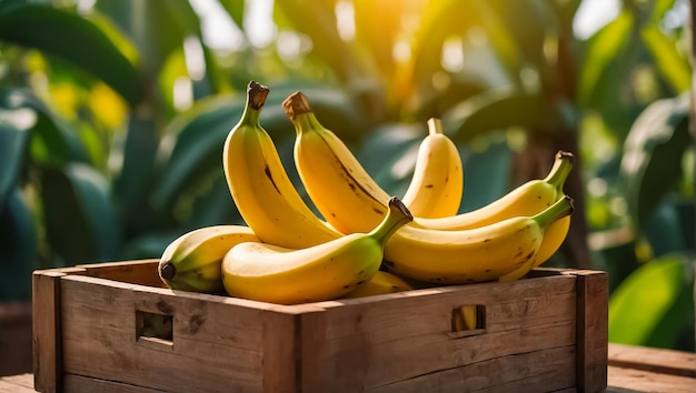 reife Banane in einer Holzkiste in der Natur