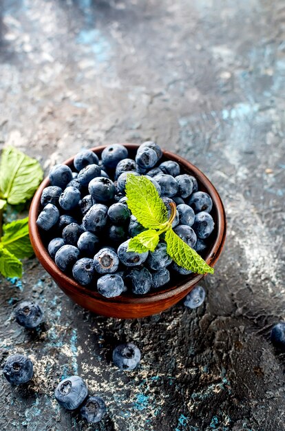 Reife Blaubeeren in der Keramikschale mit Blattminze auf dunklem Hintergrund