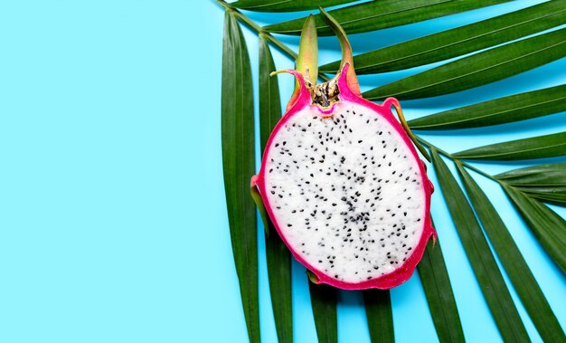 Reife Drachenfrucht oder Pitahaya auf tropischen Palmblättern. Draufsicht