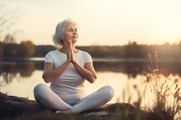 Reife Frau, die Yoga und Meditation im Freien praktiziert AI generiert