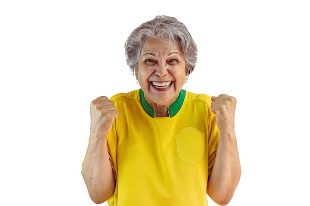 Reife Frau mit gelbem Trikot der Fußballmannschaft, Isolated on White