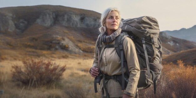 Foto reife frau mit rucksack durch eine weite und unberührte landschaft wandert