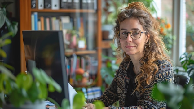 Reife Frau sitzt vor einem Computer in einem gemütlichen Büro mit Pflanzen