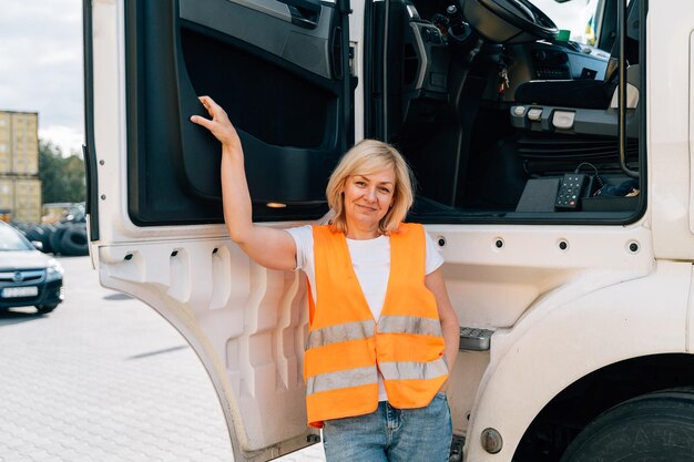 Foto reife frau steht an der trucktür