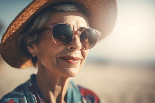 Reife Frau, Strand, Sonnenbrille, Wasser, Ozean, Ai erzeugen