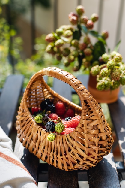 Reife frische Himbeeren und Brombeeren mit Strohkorb