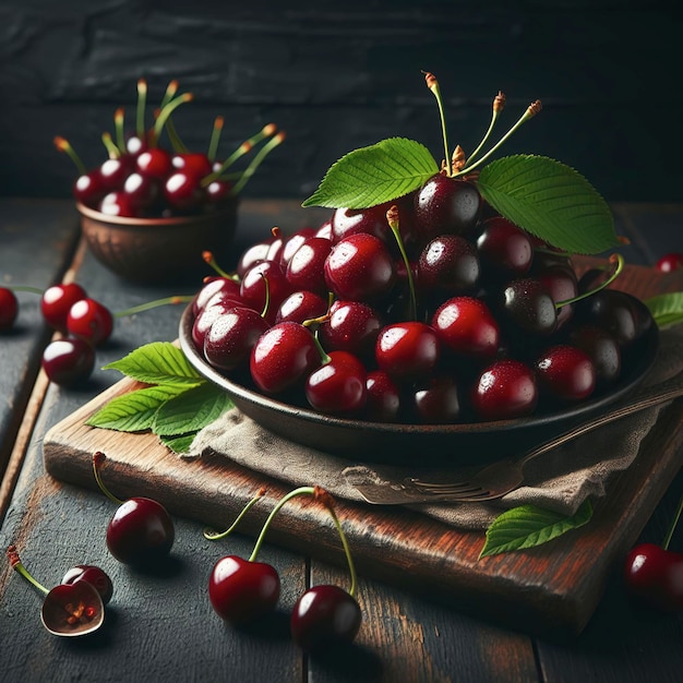 Reife frische Kirschbeeren auf einem Teller mit dunklem rustikalem Holzhintergrund