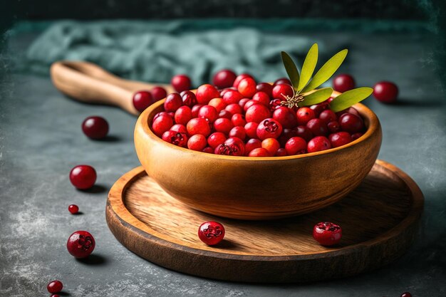 Reife frische Preiselbeeren mit Kopienraum und einer Holzschale auf einer Betontischplatte