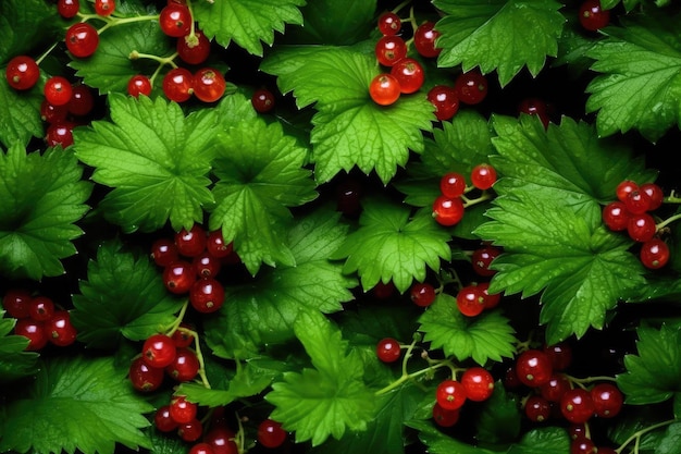 Reife frische rote Johannisbeeren mit grünen Blättern als Hintergrund, Nahaufnahme, Draufsicht