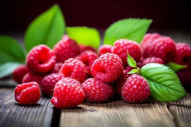 Reife Himbeerbeeren auf grauem Hintergrund in einer Holzplatte