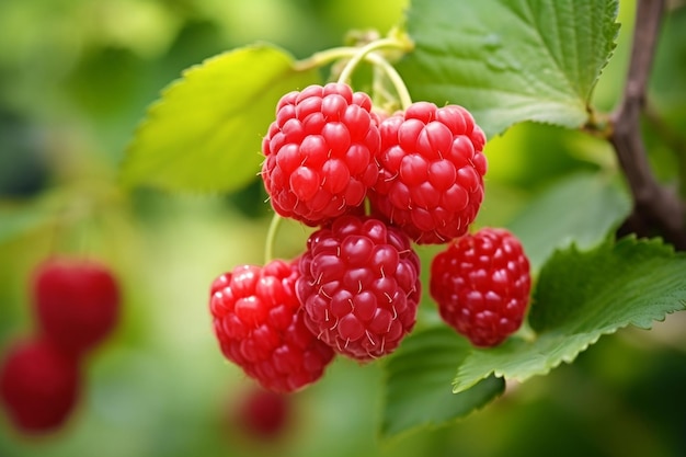 Reife Himbeere im Garten Rote süße Beere wächst Ai