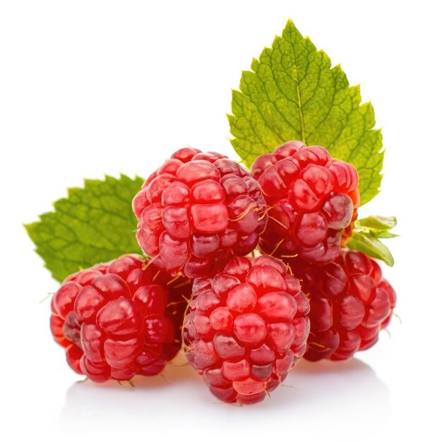 Foto reife himbeeren mit isolierten blättern auf weißem hintergrund