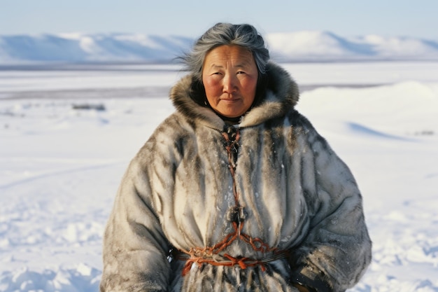 Reife Inuit-Frau mit Pelzmantel im Winter in Alaska