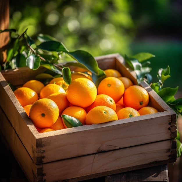 Reife Mandarinen in einer Holzkiste auf einem hölzernen Hintergrund