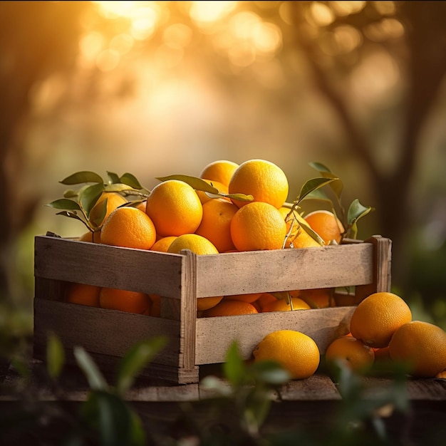 Reife Mandarinen in einer Holzkiste vor dem Hintergrund des Sonnenuntergangs